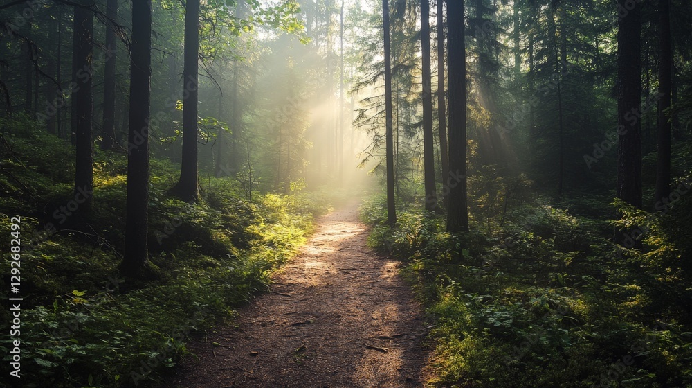 Obraz premium A path through a misty forest with sunlight streaming through the trees.