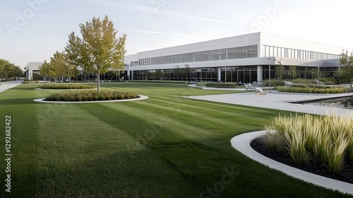 Scenic outdoor office complex with a manicured lawn water features and well designed landscaping creating a serene and professional environment for a corporate or business setting