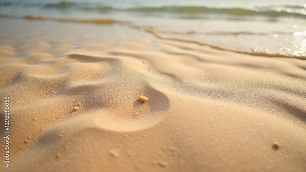 Close-up of river sand with small ripples and a single pebble, with water in the background. Close-up of river sand with small ripples and a single pebble, with water in the background.