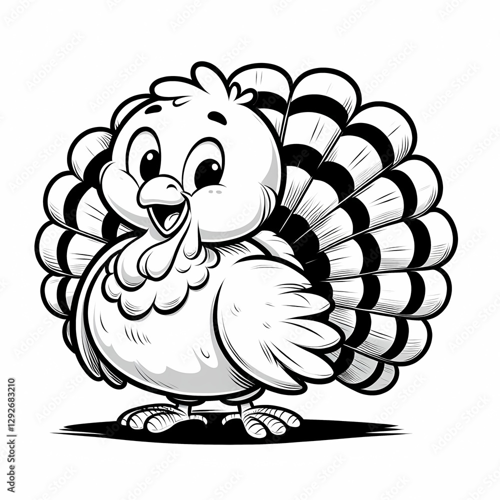 Fototapeta premium Funny line art sketch of a friendly turkey with a fluffy tail, designed for a children's coloring book.