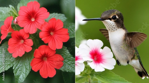 Vibrant red flowers and hummingbird in flight, nectar-seeking