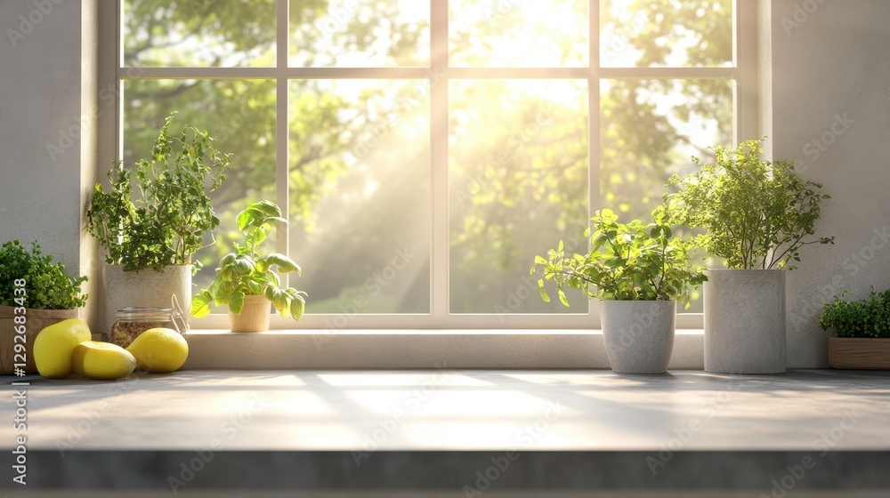 Sunlit kitchen windowsill with herbs. Perfect for recipes, healthy living, or home décor projects. Sunlit kitchen windowsill with herbs. Perfect for recipes, healthy living, or home décor projects.