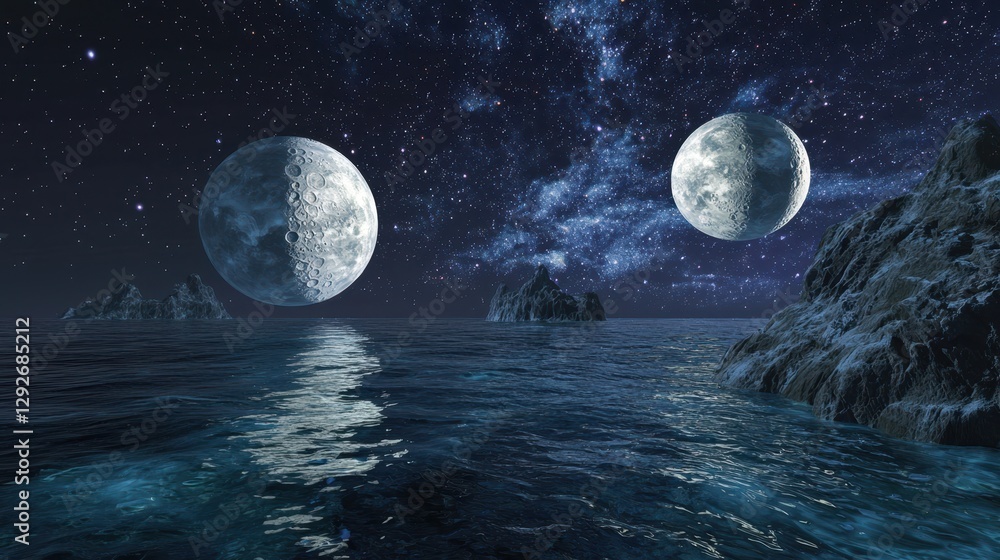 Naklejka premium A surreal celestial ocean where moons float like islands reflecting constellations in the waves