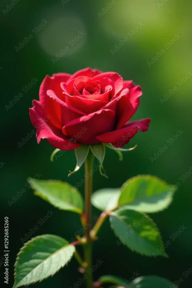 A Single Crimson Rose in Soft Sunlight, Its Petals Unfurling Gracefully Against a Lush Green Backdrop A Single Crimson Rose in Soft Sunlight, Its Petals Unfurling Gracefully Against a Lush Green Backdrop