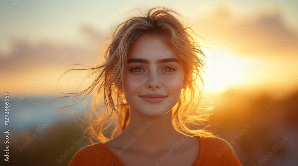 Close-up portrait of a woman enjoying the sunset on the beach Close-up portrait of a woman enjoying the sunset on the beach