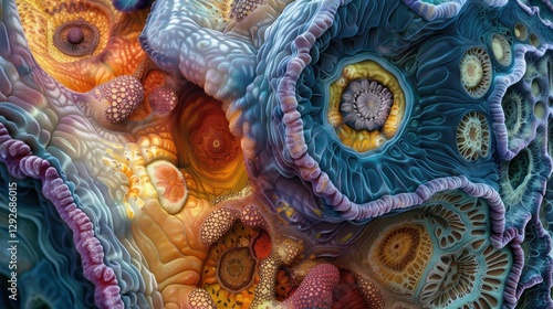 A highly detailed macro image showcasing intricate organic formations resembling coral, cellular structures, photo