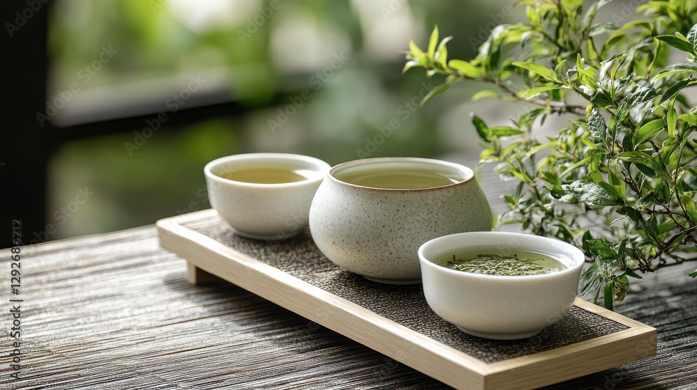 Three Tea Cups on Wooden Tray with Green Leaves Three Tea Cups on Wooden Tray with Green Leaves