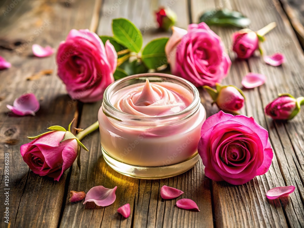 Rustic wooden table, fragrant rose cream, and essential oils. Rustic wooden table, fragrant rose cream, and essential oils.