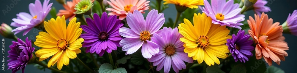Beautiful bouquet of mixed violet and yellow flowers, petals, floral arrangement Beautiful bouquet of mixed violet and yellow flowers, petals, floral arrangement
