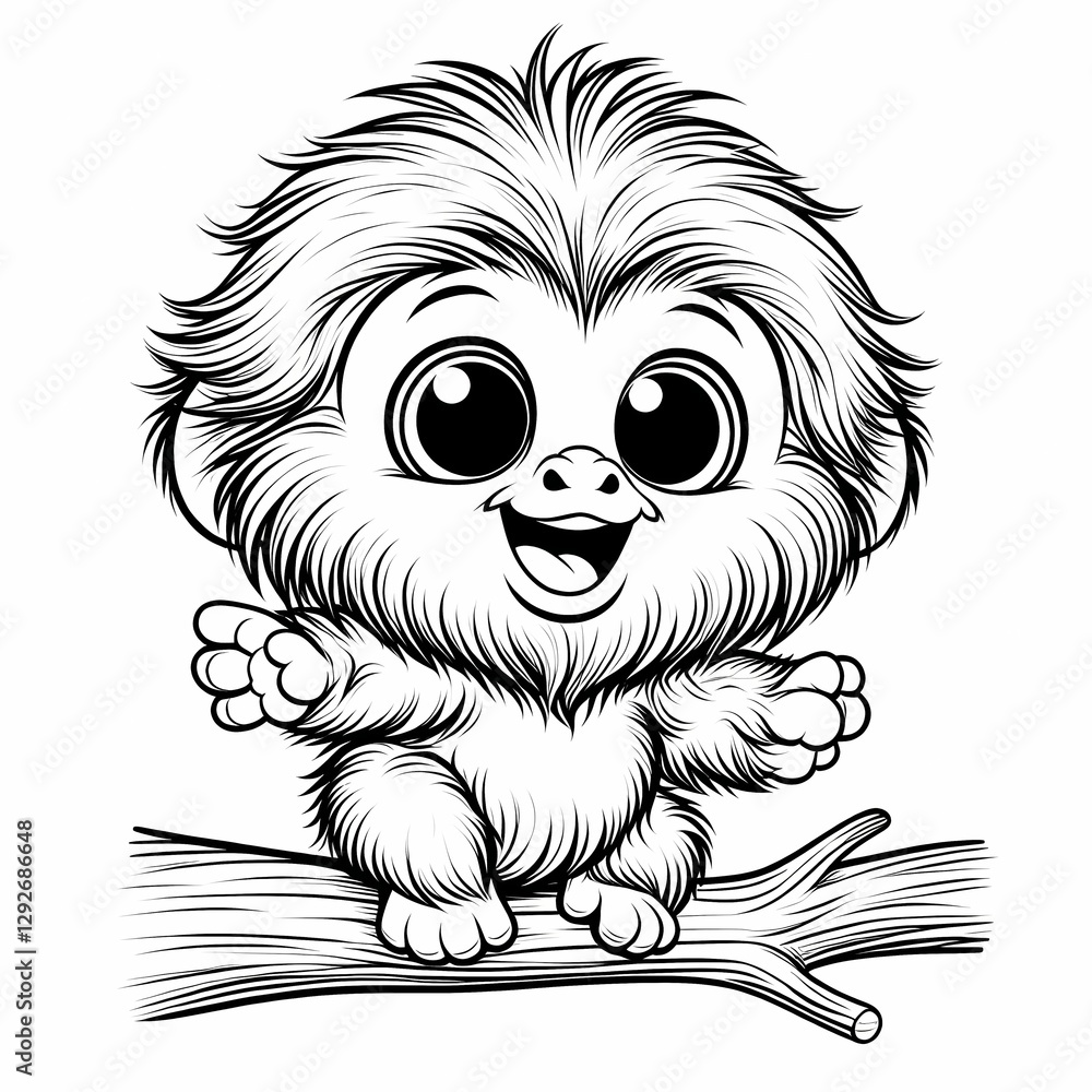 Fototapeta premium Funny line art sketch of a cheerful uakari monkey sitting on a branch