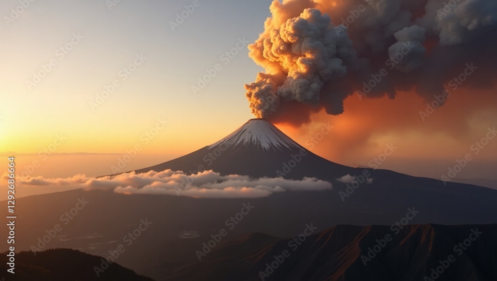 Capture a breathtaking volcanic eruption at dawn or dusk, with the warm golden light of the rising or setting sun casting a dramatic glow on the tumultuous scene, as a massive plume of ash and smoke b Capture a breathtaking volcanic eruption at dawn or dusk, with the warm golden light of the rising or setting sun casting a dramatic glow on the tumultuous scene, as a massive plume of ash and smoke b