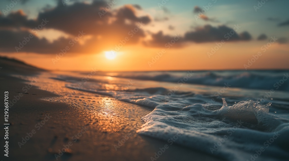 Obraz premium Close up of foamy ocean waves on the beach with the golden hour sunset in the background.