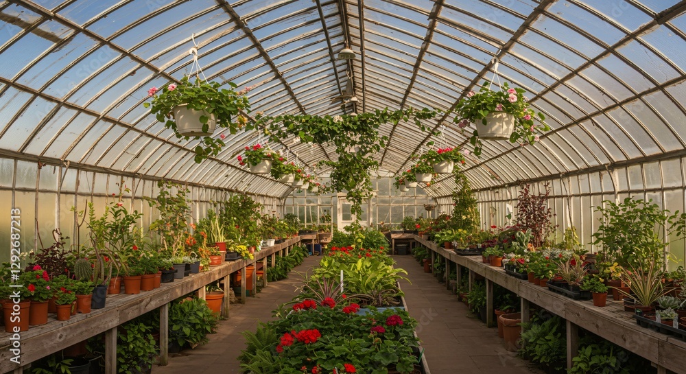 Bright greenhouse interior with rows of potted plants, hanging baskets, and a glass roof allowing sunlight to filter through. Bright greenhouse interior with rows of potted plants, hanging baskets, and a glass roof allowing sunlight to filter through.