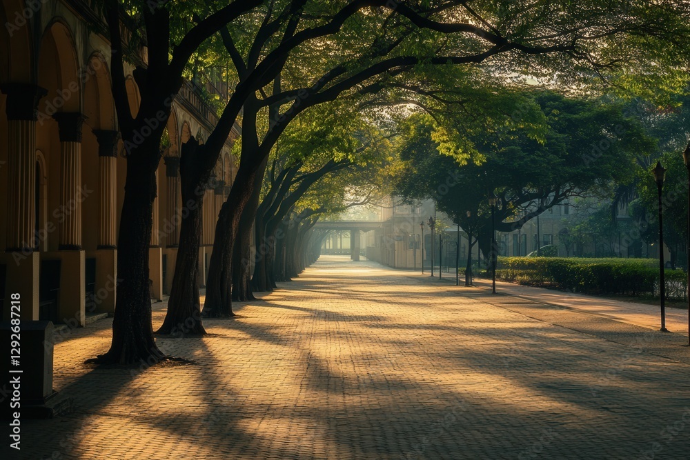 Obraz premium Sunlight Filtered Path Through Lush Trees with Paved Walkway And Beige Columns, Tranquil Morning