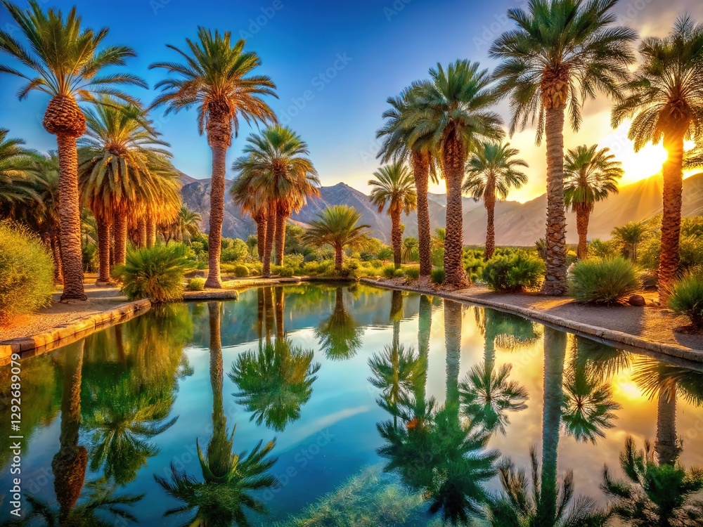 Fototapeta premium Tranquil desert pool, palm trees, ideal photo op.
