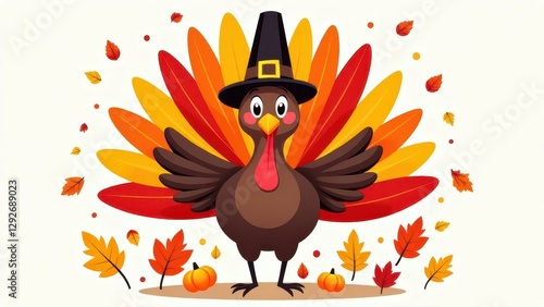 A cartoon turkey wearing a pilgrim hat with colorful autumn leaves and small pumpkins around it. Turkey art