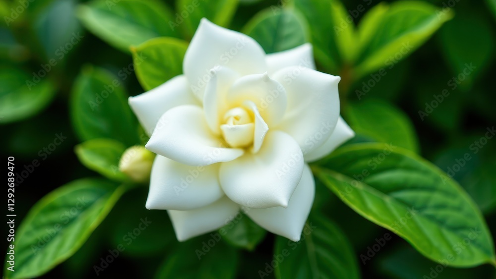 A close-up of a white gardenia flower with lush green leaves in the background. A close-up of a white gardenia flower with lush green leaves in the background.