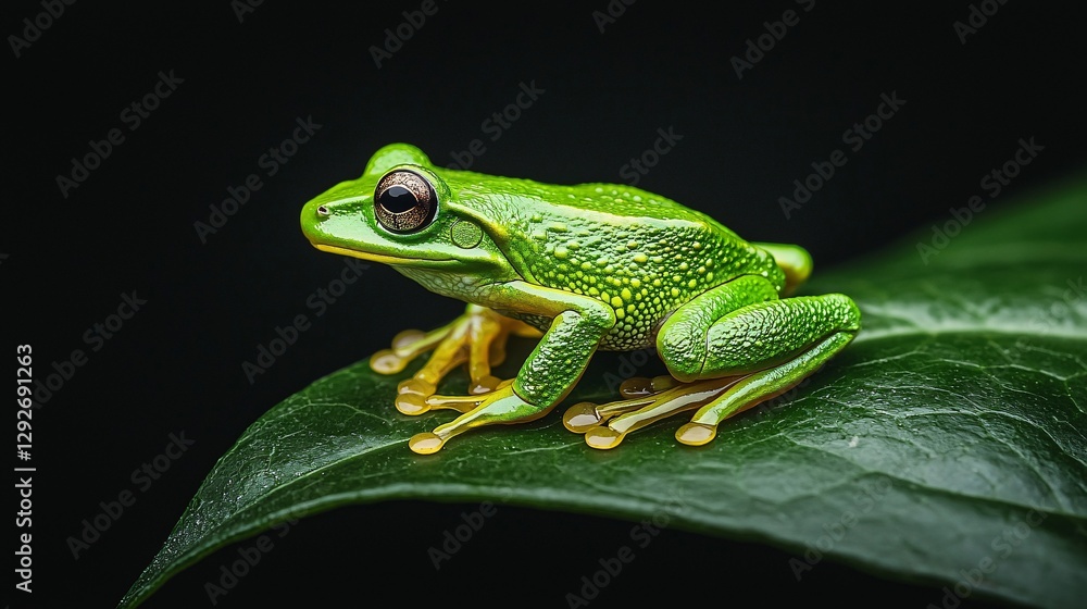 brilliant green frog on leaf in natural habitat brilliant green frog on leaf in natural habitat