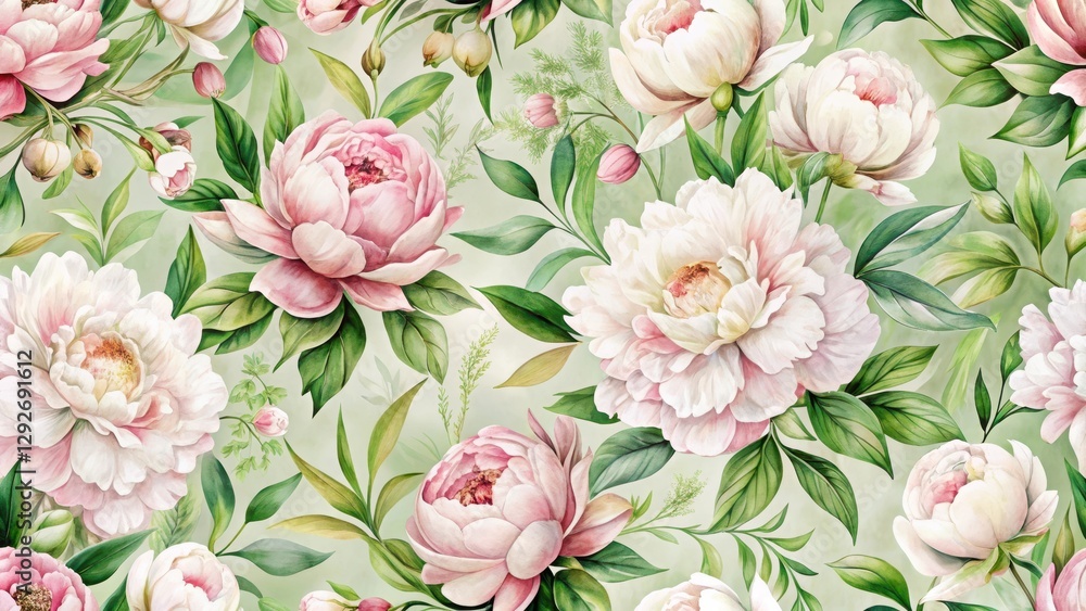 Distressed floral pattern featuring soft pink and white peony flowers amidst lush greenery and foliage, creating a romantic and whimsical feel , nature, seamless Distressed floral pattern featuring soft pink and white peony flowers amidst lush greenery and foliage, creating a romantic and whimsical feel , nature, seamless