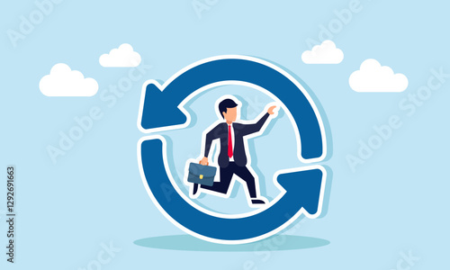 A businessman runs inside a recycle symbol, illustration of a sustainable business system