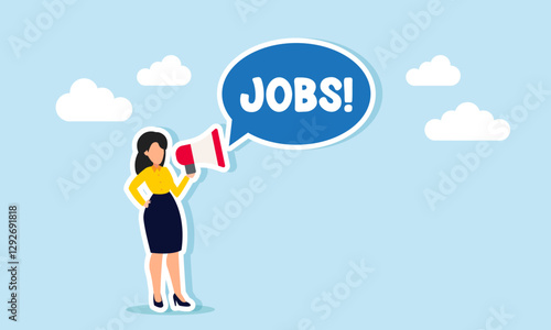 A businesswoman speaks using a megaphone with a dialogue bubble saying JOBS, illustration of advertising or promoting an open job or job vacancy