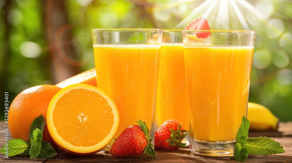 Fototapeta premium view of orange juice placed on a table decorated with orange slices