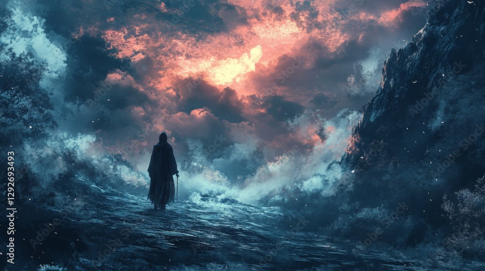 Silhouette of a lone figure walking towards a dramatic, fiery sky. Silhouette of a lone figure walking towards a dramatic, fiery sky.