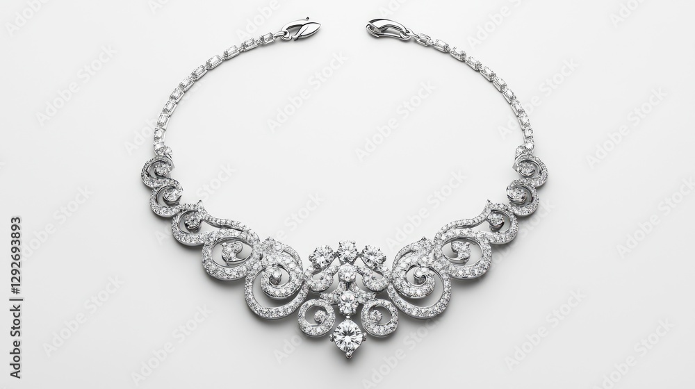 An ornate diamond necklace sits on a clean white background An ornate diamond necklace sits on a clean white background
