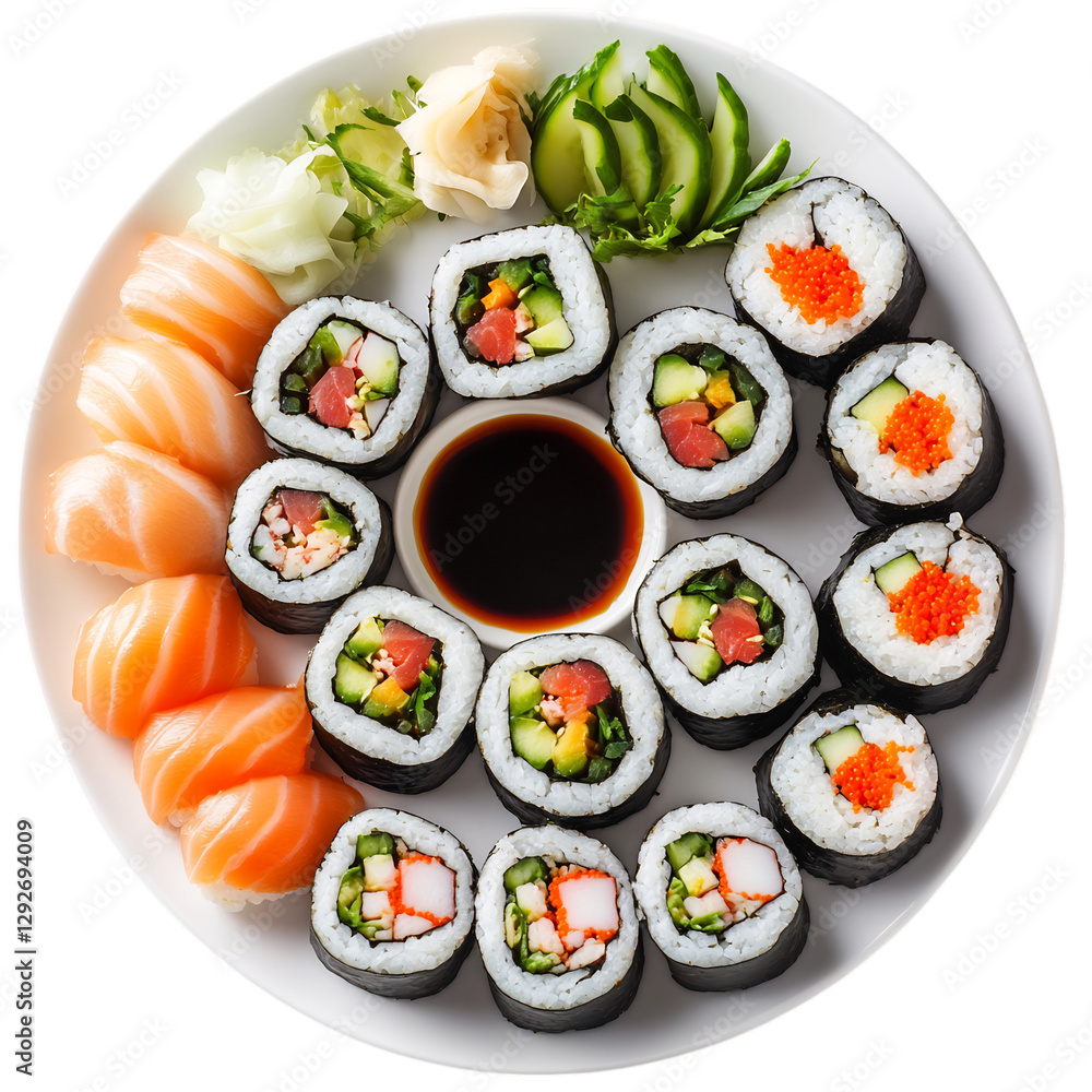 A Large Platter of Sushi Rolls with Soy Sauce Isolated on Transparent Background A Large Platter of Sushi Rolls with Soy Sauce Isolated on Transparent Background