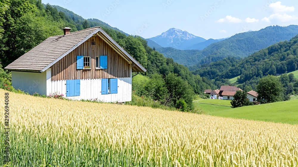 Scenic wheat field view alpine village landscape photography sunny day panoramic perspective Scenic wheat field view alpine village landscape photography sunny day panoramic perspective