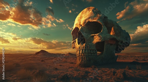 Giant skull in a desert landscape at sunset.