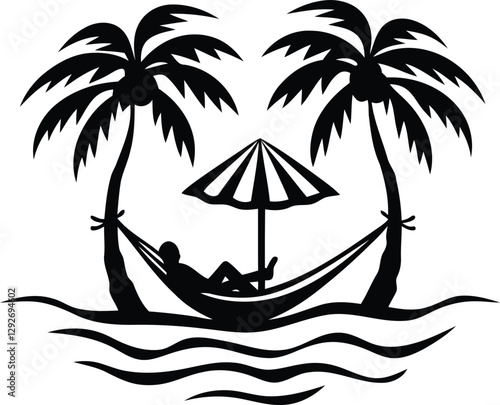 Person relaxing in a hammock under a beach umbrella silhouette and line art isolated vector illustration