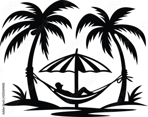 Person relaxing in a hammock under a beach umbrella silhouette and line art isolated vector illustration