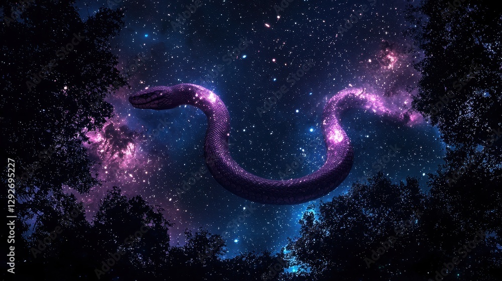 A celestial serpent made of stardust coils through the night sky shifting between dimensions A celestial serpent made of stardust coils through the night sky shifting between dimensions