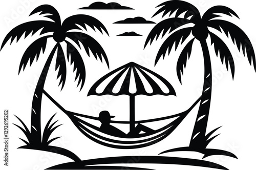 Person relaxing in a hammock under a beach umbrella silhouette and line art isolated vector illustration