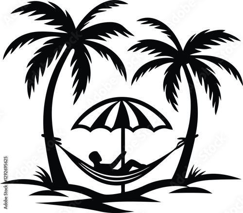 Person relaxing in a hammock under a beach umbrella silhouette and line art isolated vector illustration