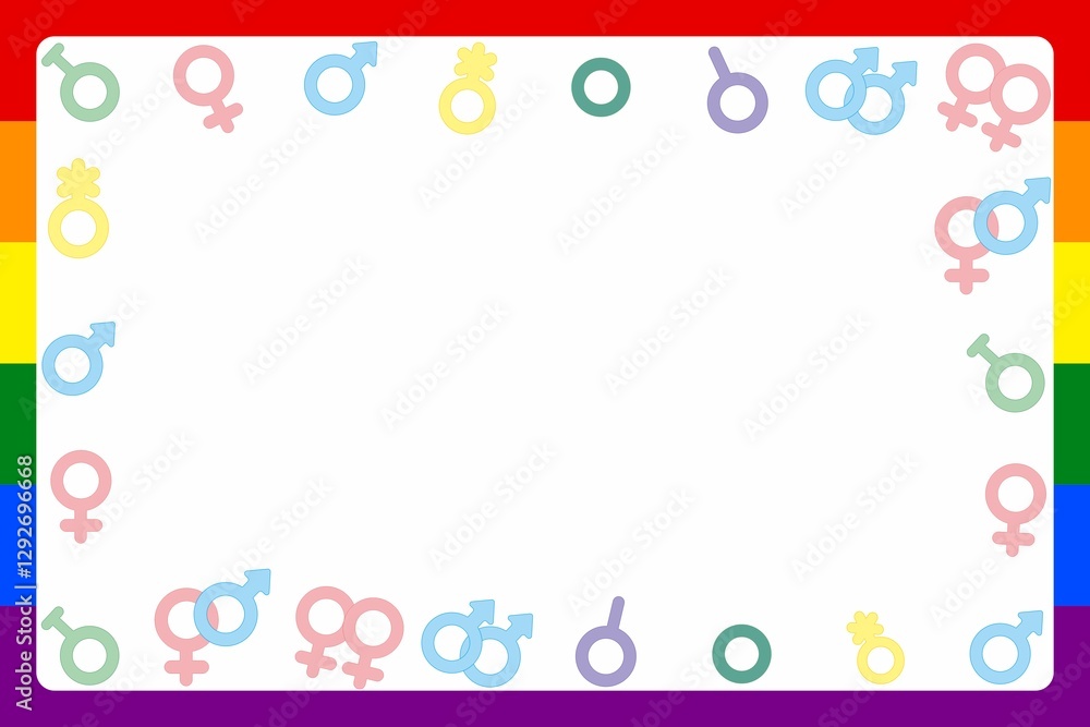 LGBTQ+ Frame A vibrant and symbolic frame featuring the rainbow flag as a border, surrounded by a collection of gender symbols that embrace equality and inclusion, and celebrating diversity. LGBTQ+ Frame A vibrant and symbolic frame featuring the rainbow flag as a border, surrounded by a collection of gender symbols that embrace equality and inclusion, and celebrating diversity.