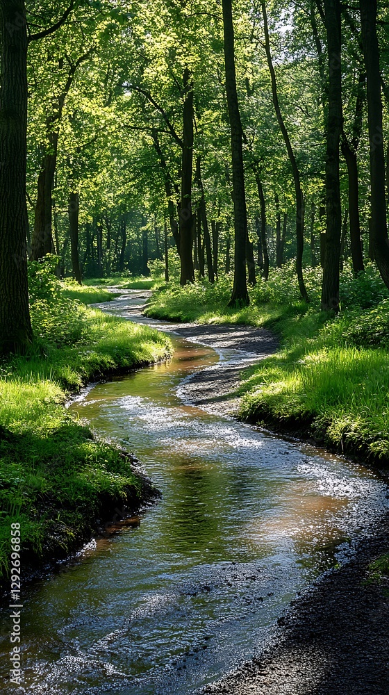 Obraz premium Sunlit stream, forest path, nature