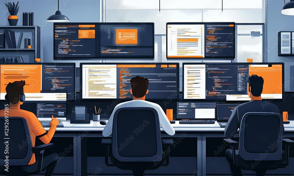 Programmers coding in office, multiple screens, teamwork, project, background Programmers coding in office, multiple screens, teamwork, project, background