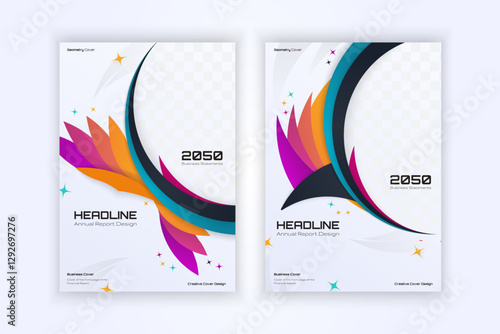 Modern business cover with colorful abstract shapes and dynamic curves for annual report design