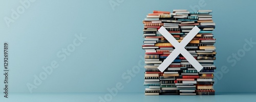 Creating a colossal x mark icon library digital art minimalistic space front view stacked books concept