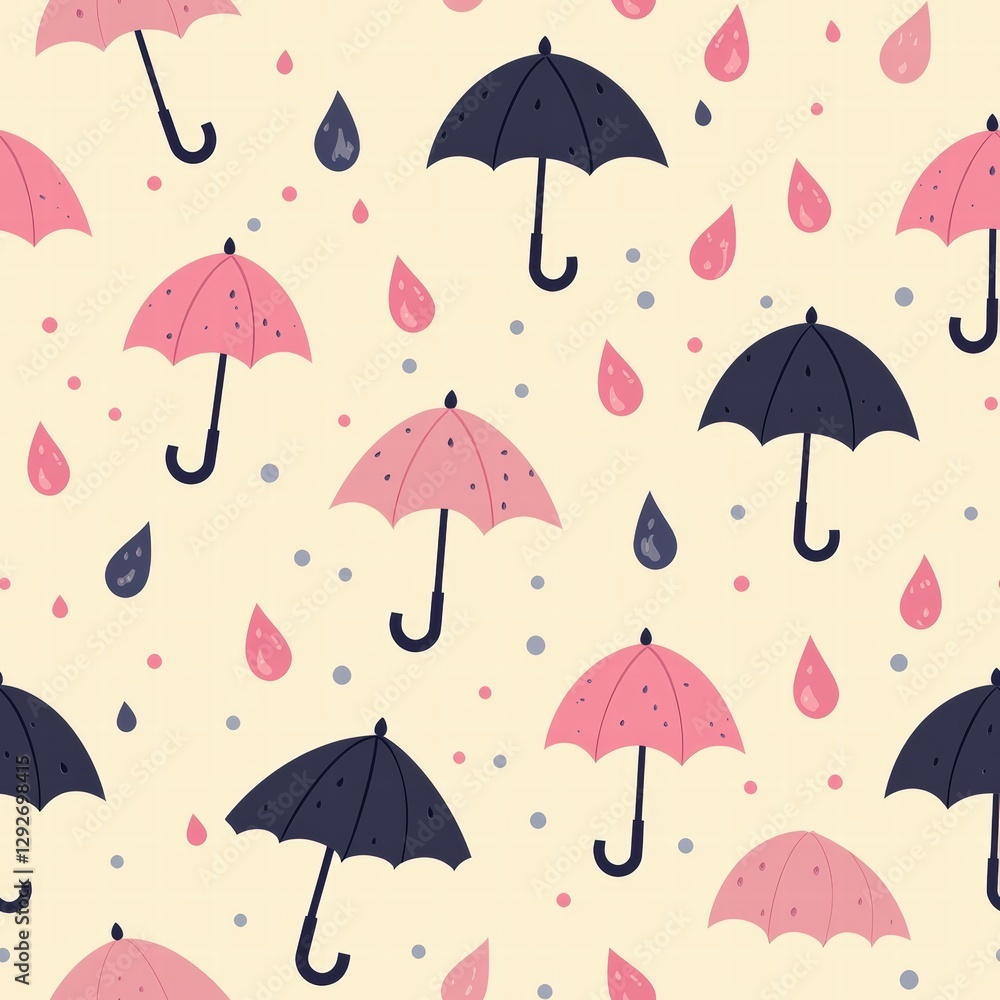 A whimsical pattern featuring umbrellas and raindrops creating a charming and playful scene A whimsical pattern featuring umbrellas and raindrops creating a charming and playful scene
