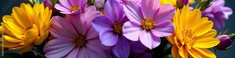 Beautiful bouquet of mixed violet and yellow flowers, fresh, colorful, bouquet Beautiful bouquet of mixed violet and yellow flowers, fresh, colorful, bouquet