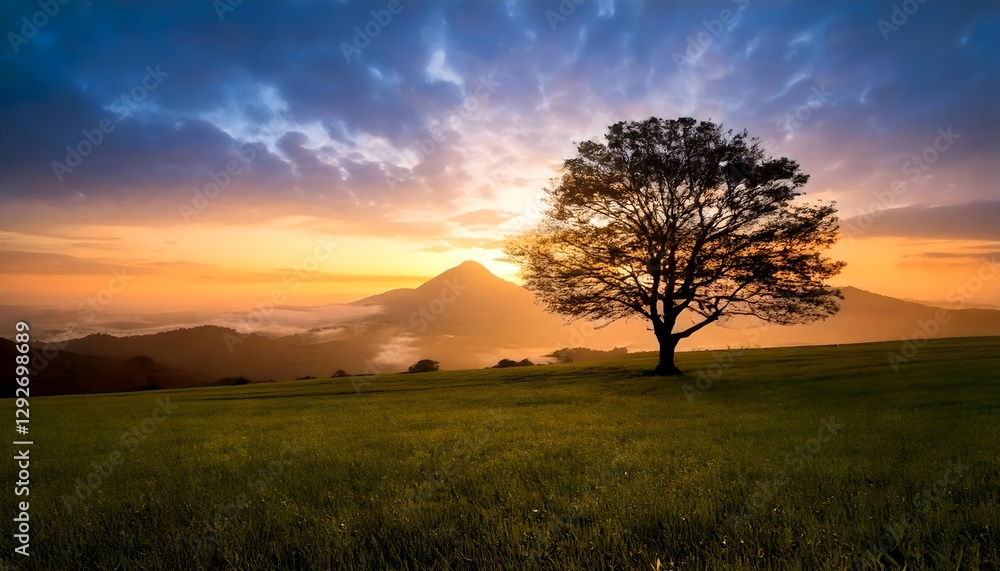 Solitary tree standing against a pastel dawn sky, serene and poetic scene Solitary tree standing against a pastel dawn sky, serene and poetic scene
