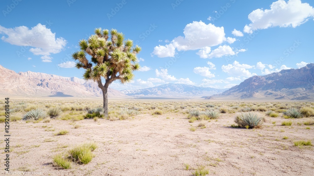 Lone Joshua tree in desert, mountains backdrop, sunny day, travel poster Lone Joshua tree in desert, mountains backdrop, sunny day, travel poster