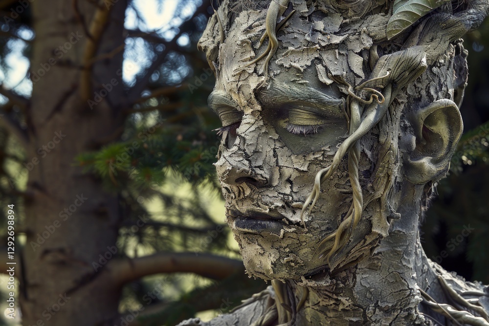 Close-up of a person with bark-like textured body art, eyes closed, serene expression, in a forest setting. Close-up of a person with bark-like textured body art, eyes closed, serene expression, in a forest setting.