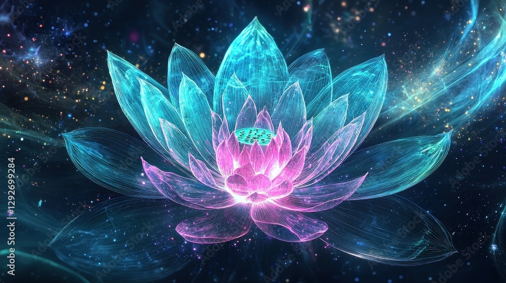 A glowing celestial lotus made of pure energy blooms in deep space radiating cosmic waves A glowing celestial lotus made of pure energy blooms in deep space radiating cosmic waves