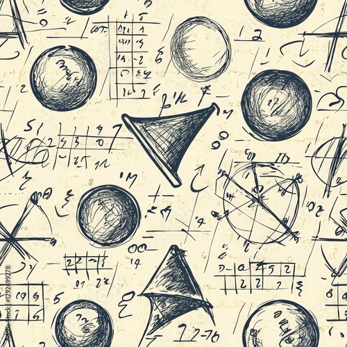 Seamless pattern composed of mathematical symbols and formulas in rich black and white design