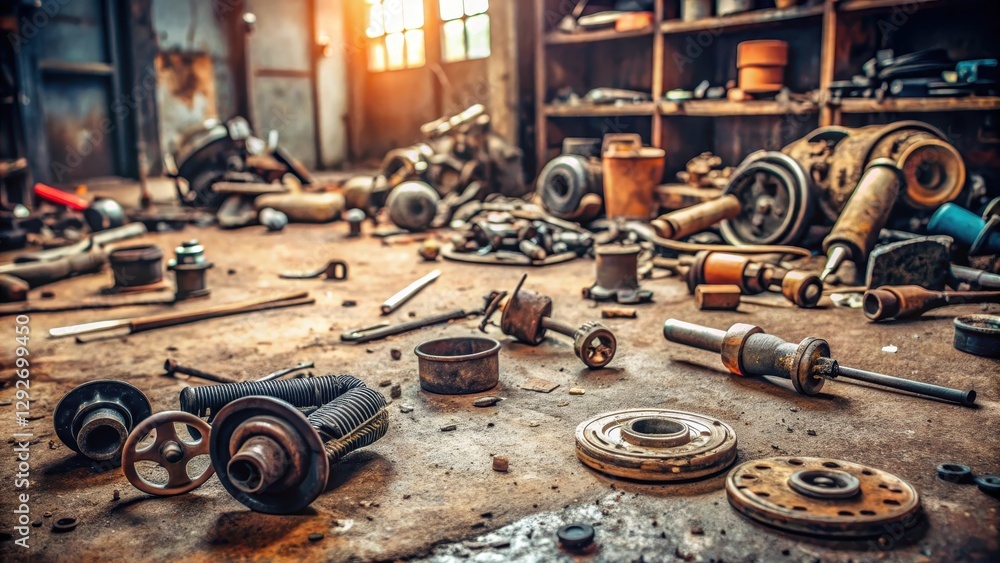 Auto spare parts scattered around a dusty garage floor, with old tools and machinery in the background, machinery rust, old tools Auto spare parts scattered around a dusty garage floor, with old tools and machinery in the background, machinery rust, old tools