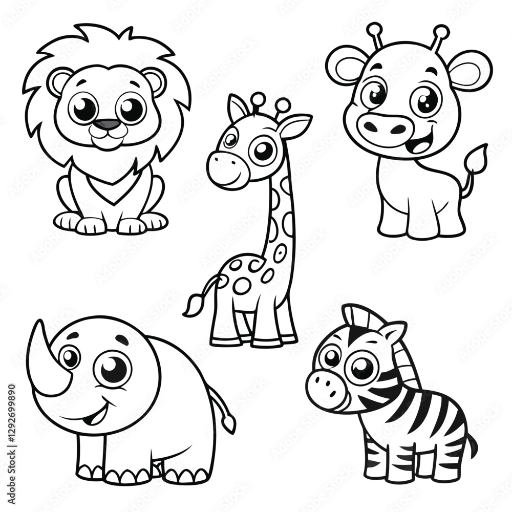 Obraz premium Cute Jungle Animal Line Art Lion, Giraffe, Elephant, Rhino and Zebra